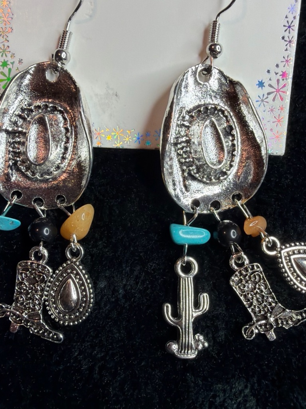 Boho Western Cactus & Boot Dangle Earrings - Silver with Turquoise & Amber Beads